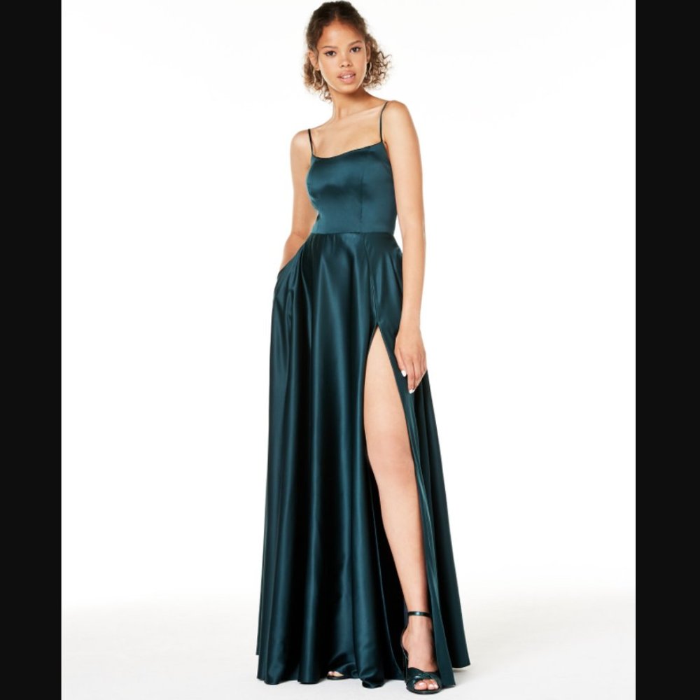 Satin Corset Slit Gown - Hunter Green